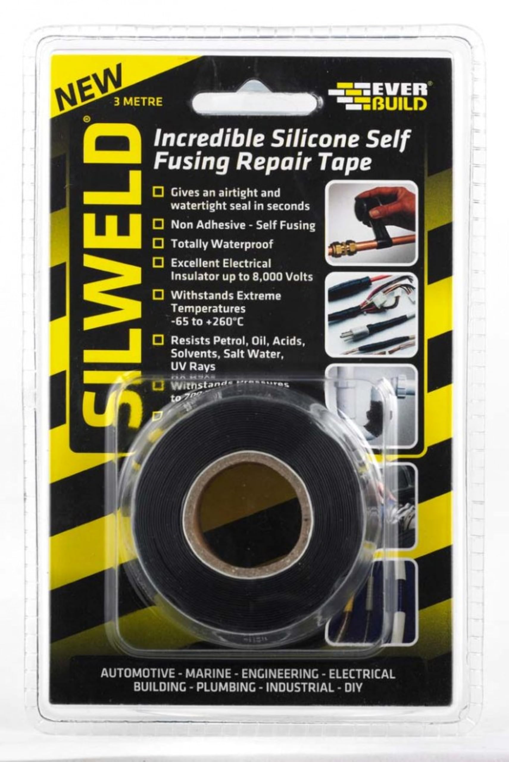 Everbuild Silweld Silicone Self-Fusing Repair Tape – Watertight – Electrical Insulator – Black – 3m