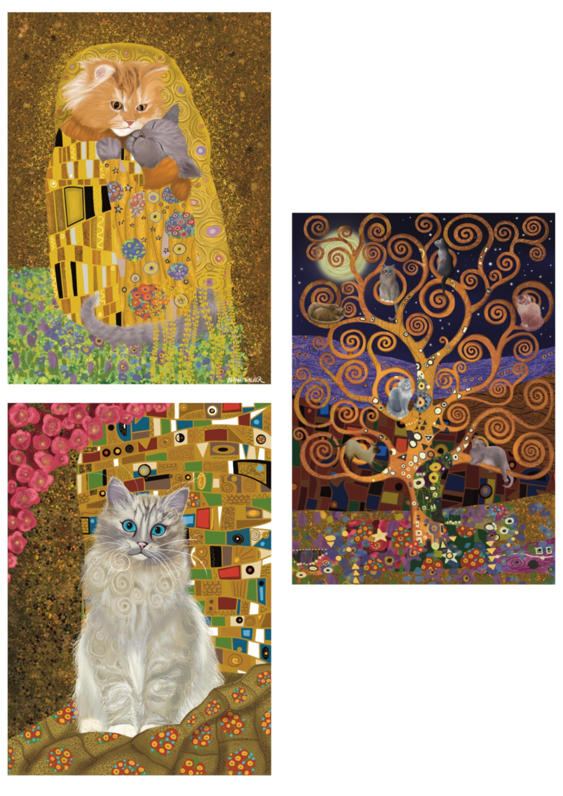 Greeting cards for cat lovers: Gustav Katz mulitpack of 3 x A5 Gustav Klimt style cat cards with gold foil