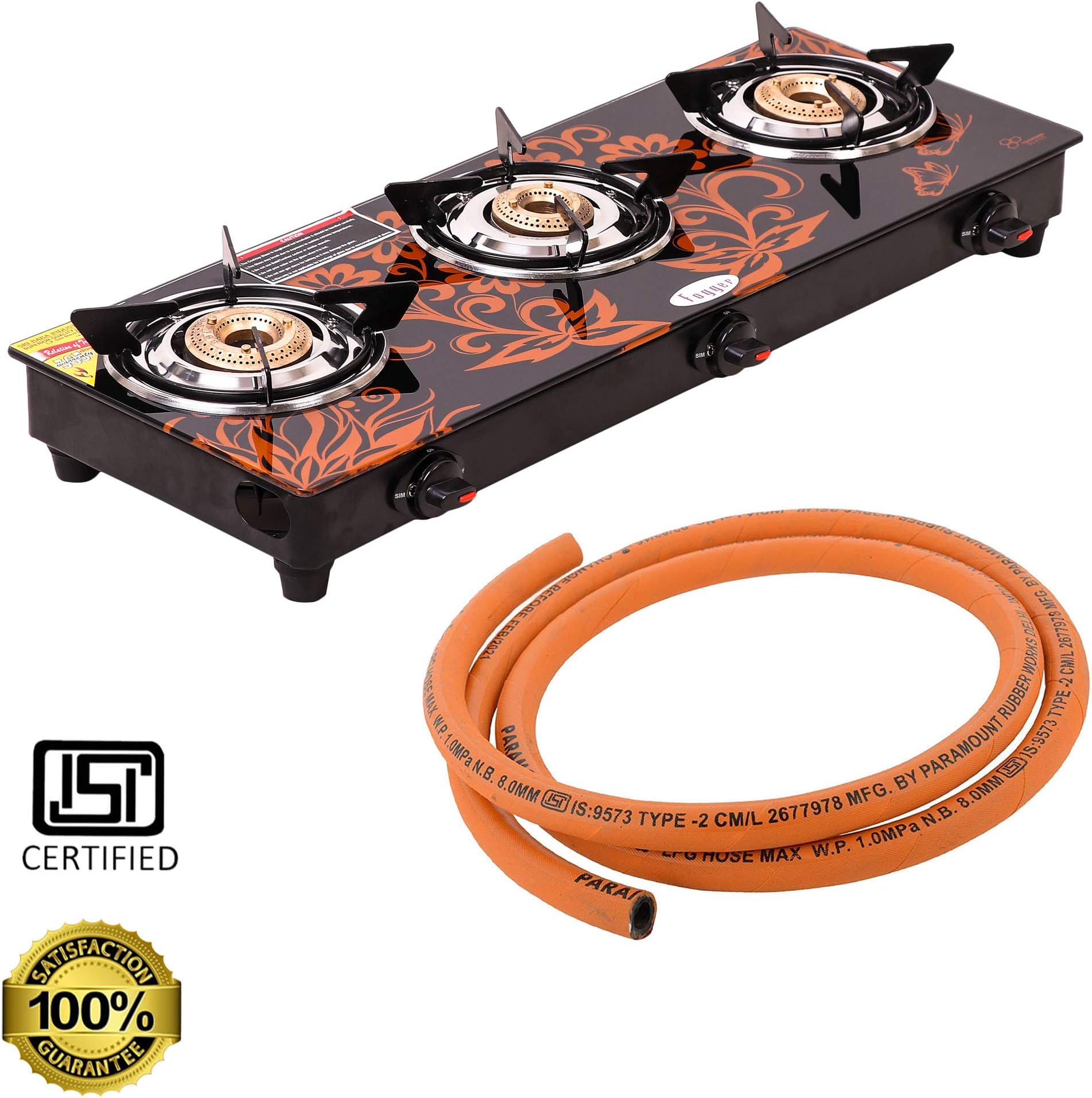 Fogger Stainless Steel 3 Burner Gas Stove with Hose Pipe Set, 2-Pieces, Black