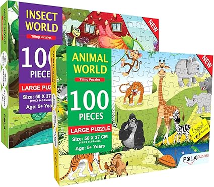 Pola Puzzles 100 Pieces Tiling Puzzles (Jigsaw Puzzles, Puzzles for Kids, Floor Puzzles), Puzzles for Kids Age 5 Years and Above. Size: 19.6 inch X 14.5 Inch (Animal World 100 & Insect World 100)