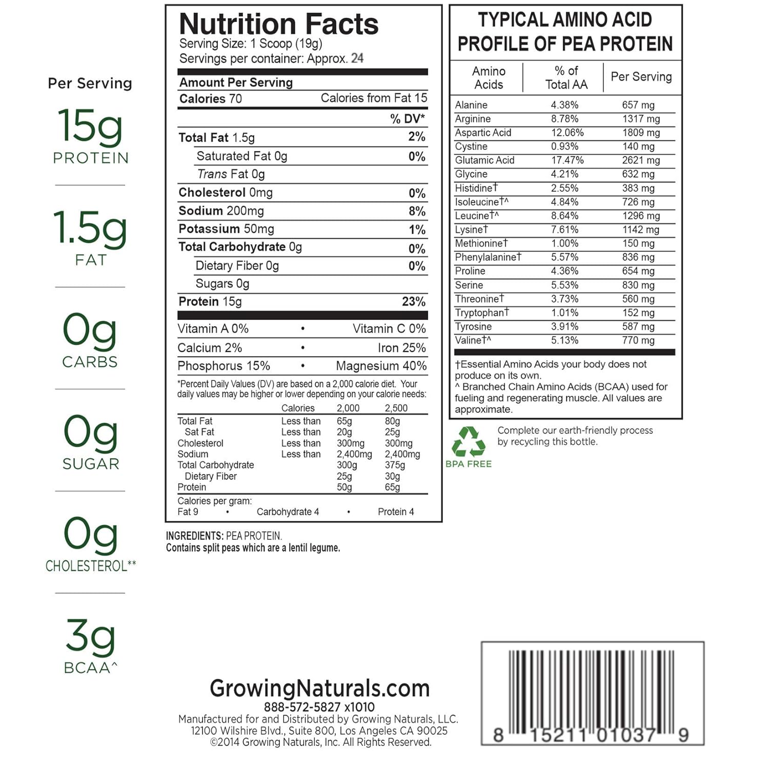 Growing Naturals | Plant Based Protein, Gold Standard Raw Pea Protein Powder | Original | Non-GMO, Vegan, Gluten-Free, Keto Friendly, Shelf-Stable | 1LB: Grocery & Gourmet Food
