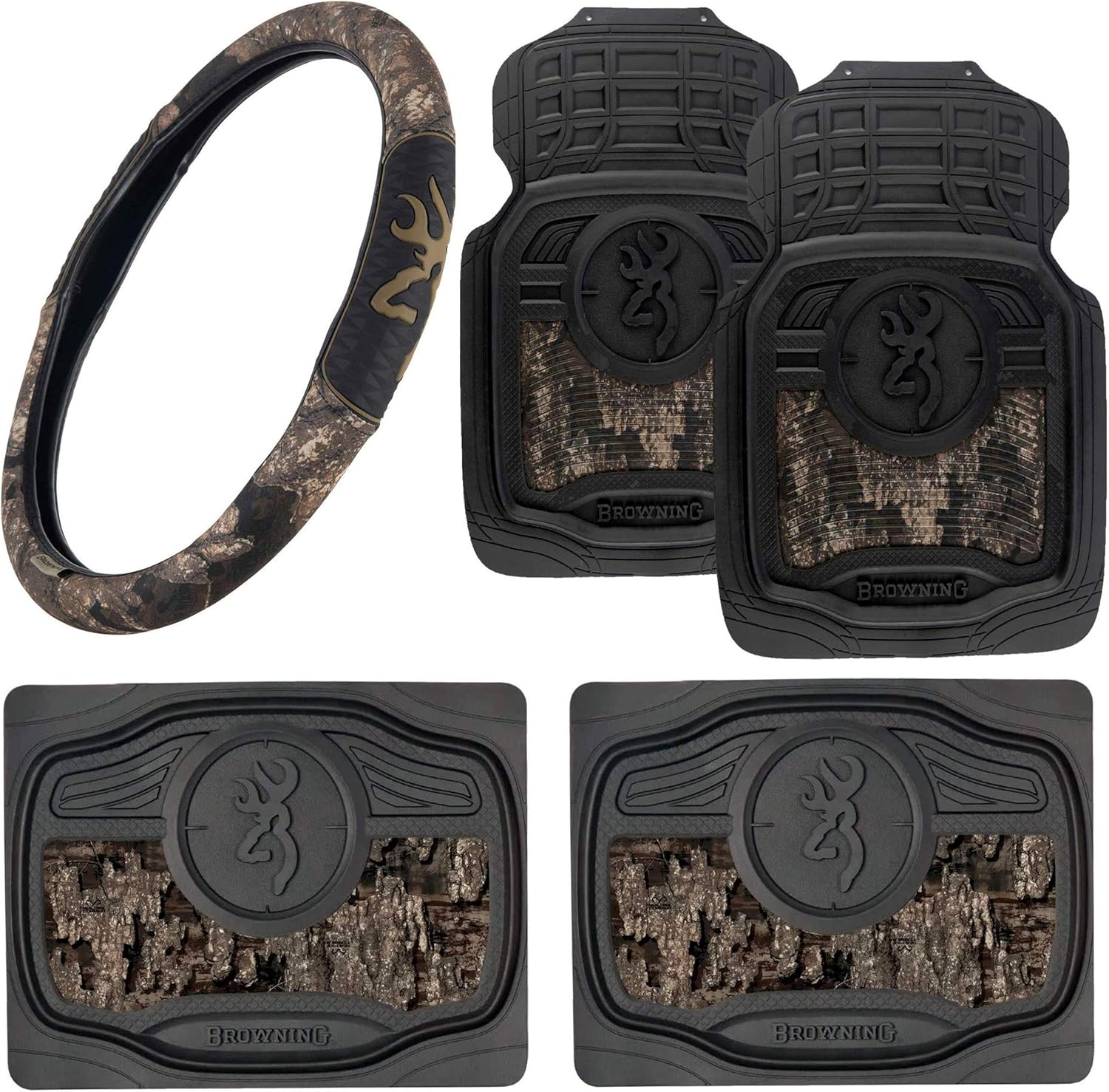 Realtree 5pc Camo Auto Accessories Kit, Xtra Mint Camo - Includes 2 Front Camo Floor Mats, 2 Rear Floor mats and one 2-Grip Camo Steering Wheel Cover (5-pc Floor Mat Package)