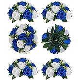 BLOSMON Royal Blue Artificial Flowers: 6 Pcs Fake Roses Flower Ball Centerpieces for Wedding Dinning Table - Faux Silk Kissing Bouquet Floral Arrangement for Home Party Event Decor