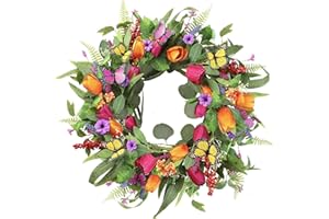 Spring Tulip Wreath for Front Door 22 Inch Faux Eucalyptus Lavender Wreath with Butterflies, Pastel Floral Wreath for Farmhou