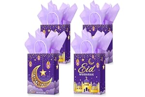CENSEN 16 Sets Eid Mubarak Gift Bags with Tissue Paper, Ramadan Goodies Bags for Ramadan Party Supplies Favor (Purple)
