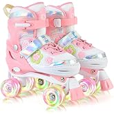 SULIFEEL Adjustable Roller Skates for Kids, Light Up Wheels | Lovely Floral Design, Polka Dots &amp; Bow, 4 Sizes Adjustable, For Beginners, Indoor Outdoor Use, Ages 5-12