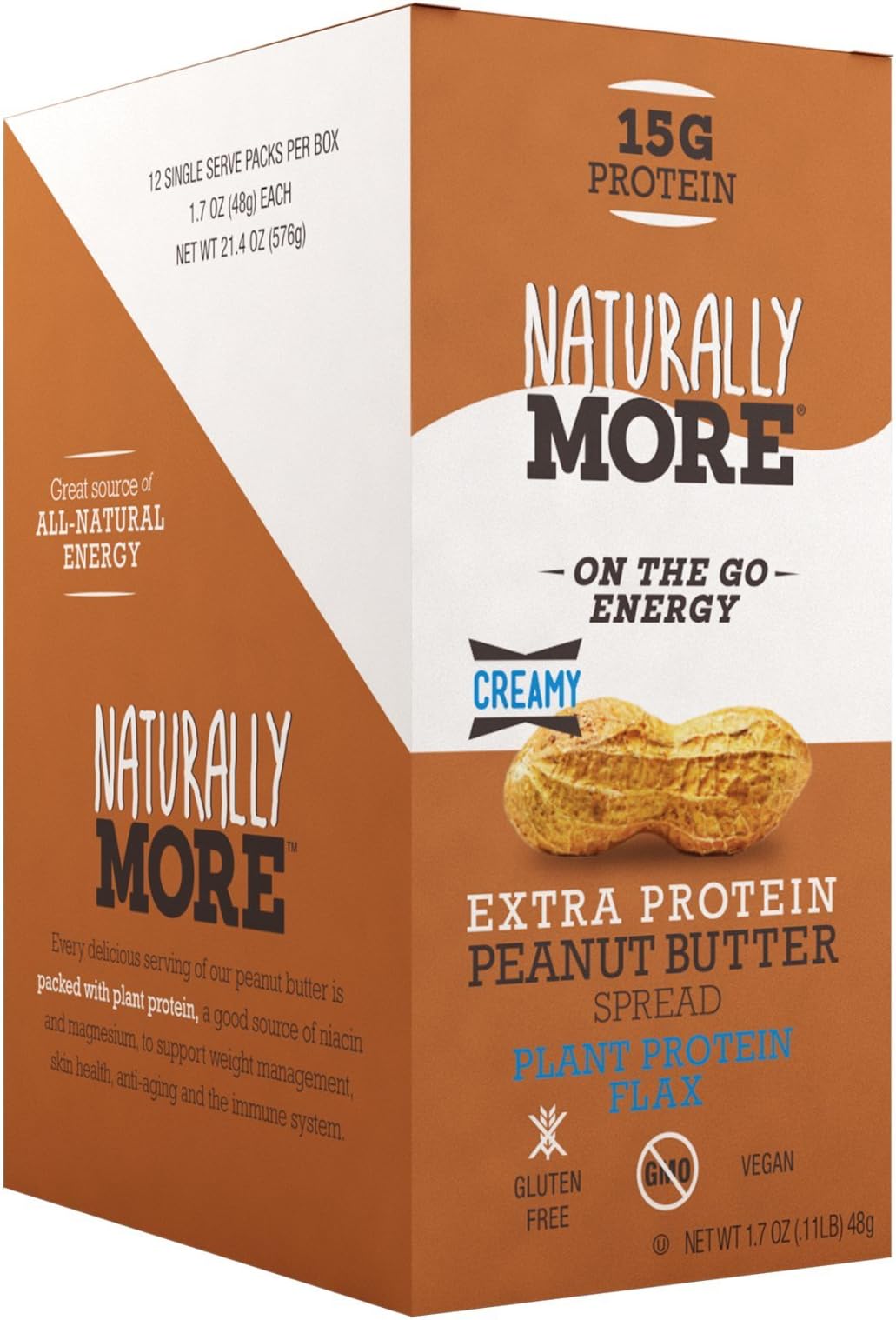 Naturally More All Natural Creamy Peanut Butter Snack Packs - 15g High Protein - Single Serve Packets To Go- Pack of 12 - Plus Flaxseed