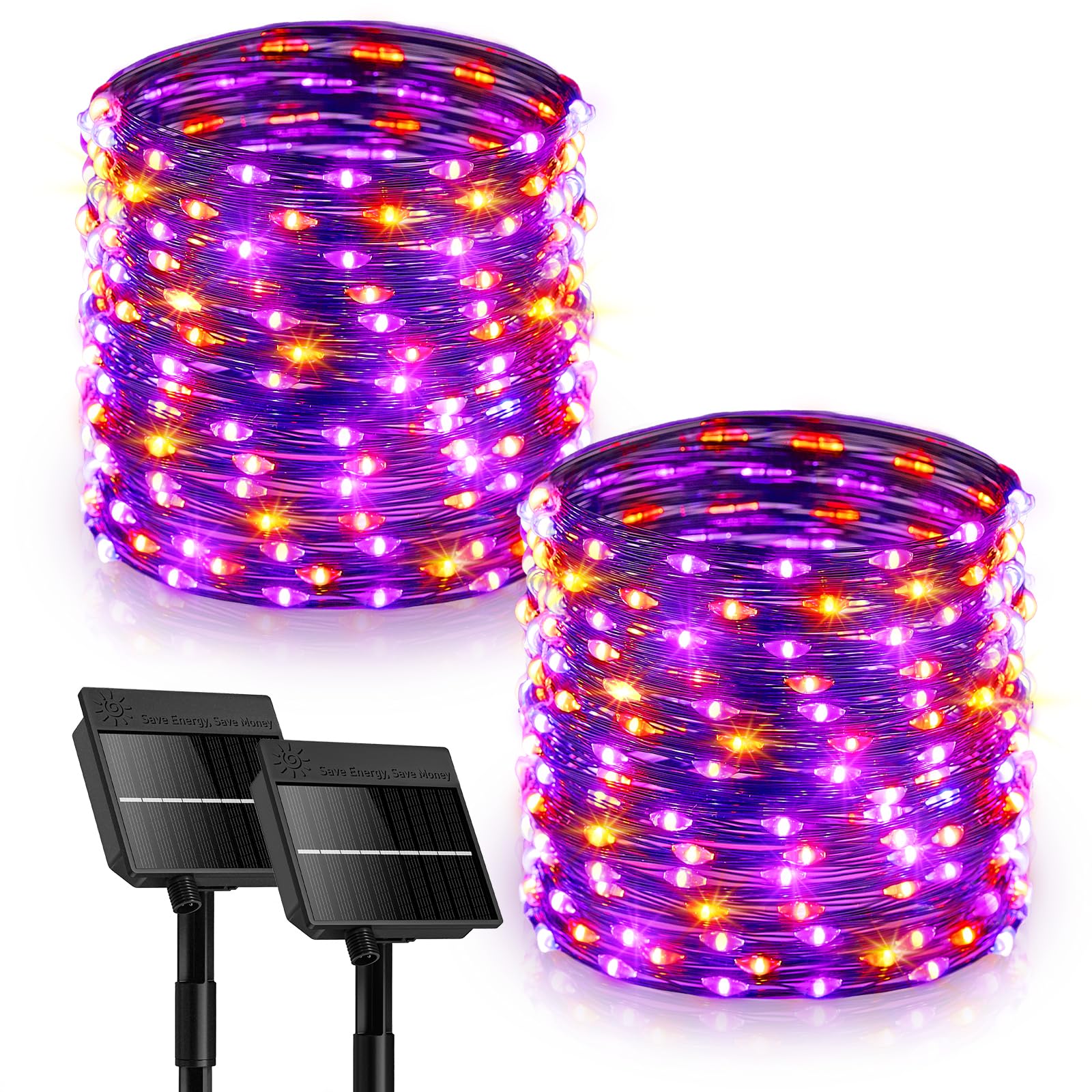 Minetom 2 Pack Solar Halloween Lights, 66ft 200 LED, Orange & Purple | Copper Wire, 8 Modes, IP65 Waterproof, Solar Fairy Str