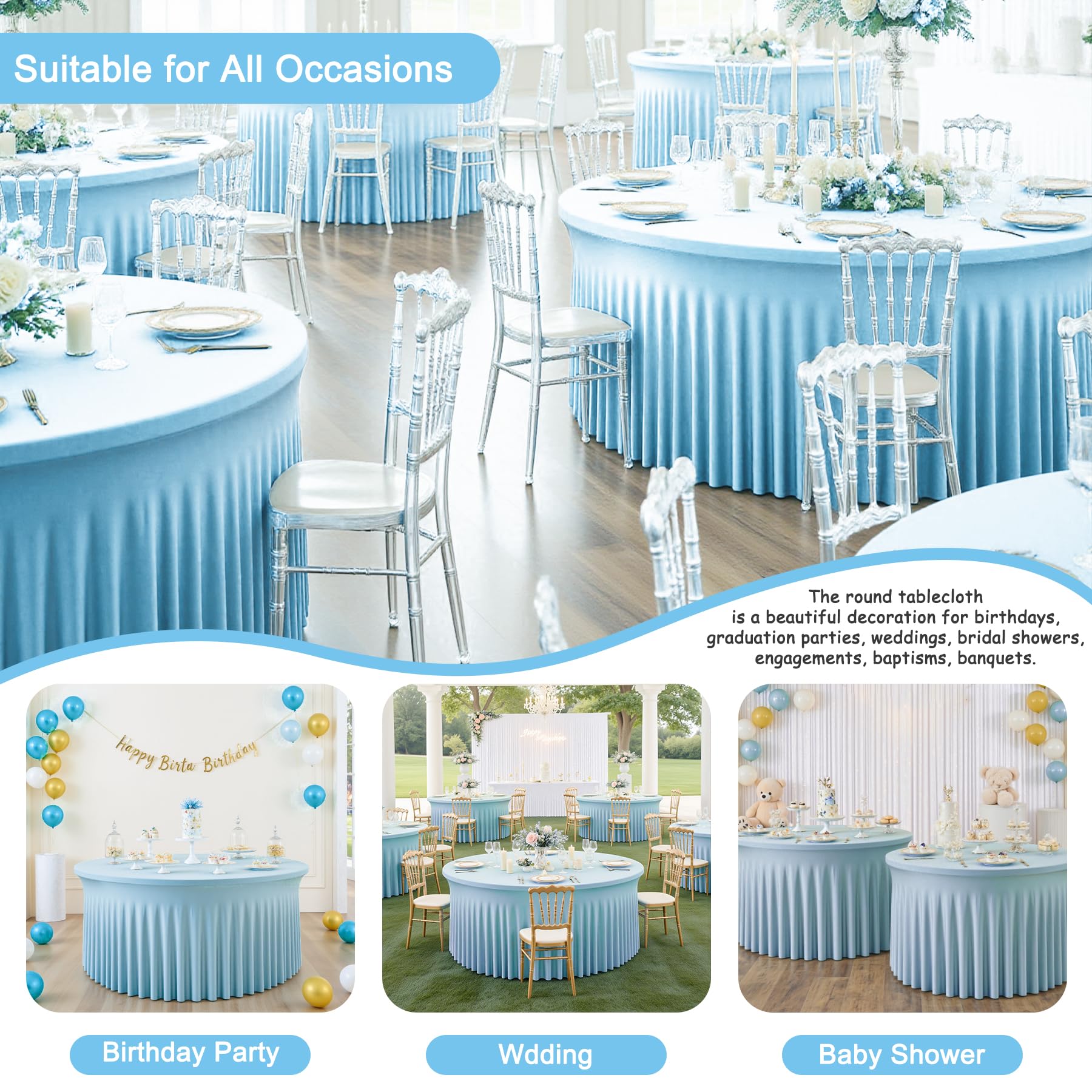 4 Pack 120 Inch Sky Blue Cloth Tablecloth for 5 FT Round Tables, Stretchy Fitted Circle Picnic Tables Cloths, Spandex Table Cover with Table Skirt for Wedding Photography Party Events Kids’ Birthday