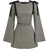 CIDER Gingham Dress for Women Ruched Mini Boat Neck Long Sleeve Mid Waist Bowknot Plaid Dress