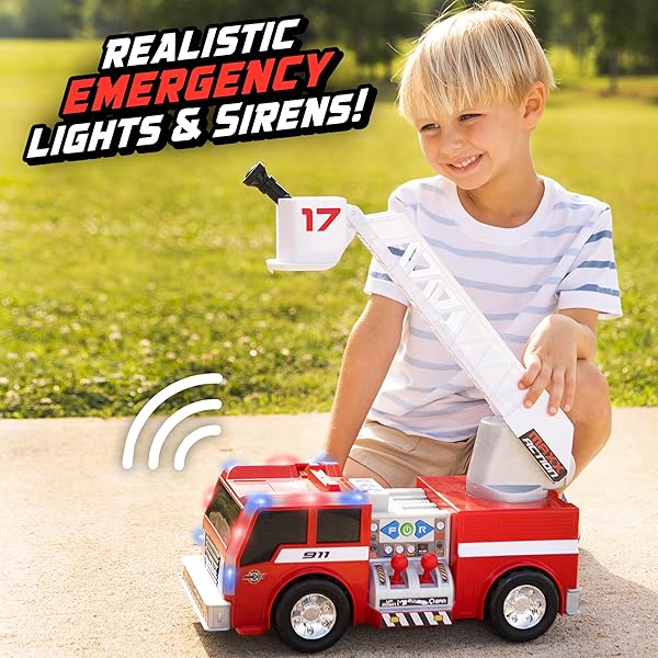 MAXX ACTION 2-N-1 FIRETRUCK WITH JOYSTICK CONTROLS, LIGHTS, SIREN SOUNDS, MOTORIZED MOVEMENT, AND 360° SPINNING LADDER – 16-INCH RESCUE TOY VEHICLE FOR KIDS