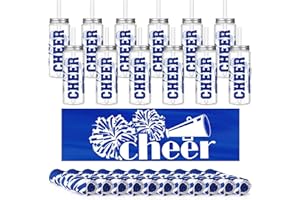 Acellegic 24 Pcs Cheerleader Gift Bulk Cheerleading Plastic Tumbler Cheer Team Cooling Towel Reusable Cheerleader Water Bottle with Lid and Straw for Cheer Sport Party Favor Women Girl Teen (Blue)