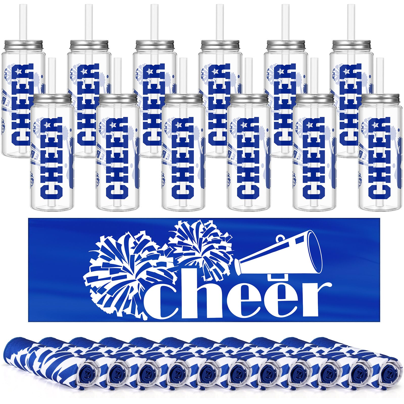 Photo 1 of Acellegic 24 Pcs Cheerleader Gift Bulk Cheerleading Plastic Tumbler Cheer Team Cooling Towel Reusable Cheerleader Water Bottle with Lid and Straw for Cheer Sport Party Favor Women Girl Teen (Blue)