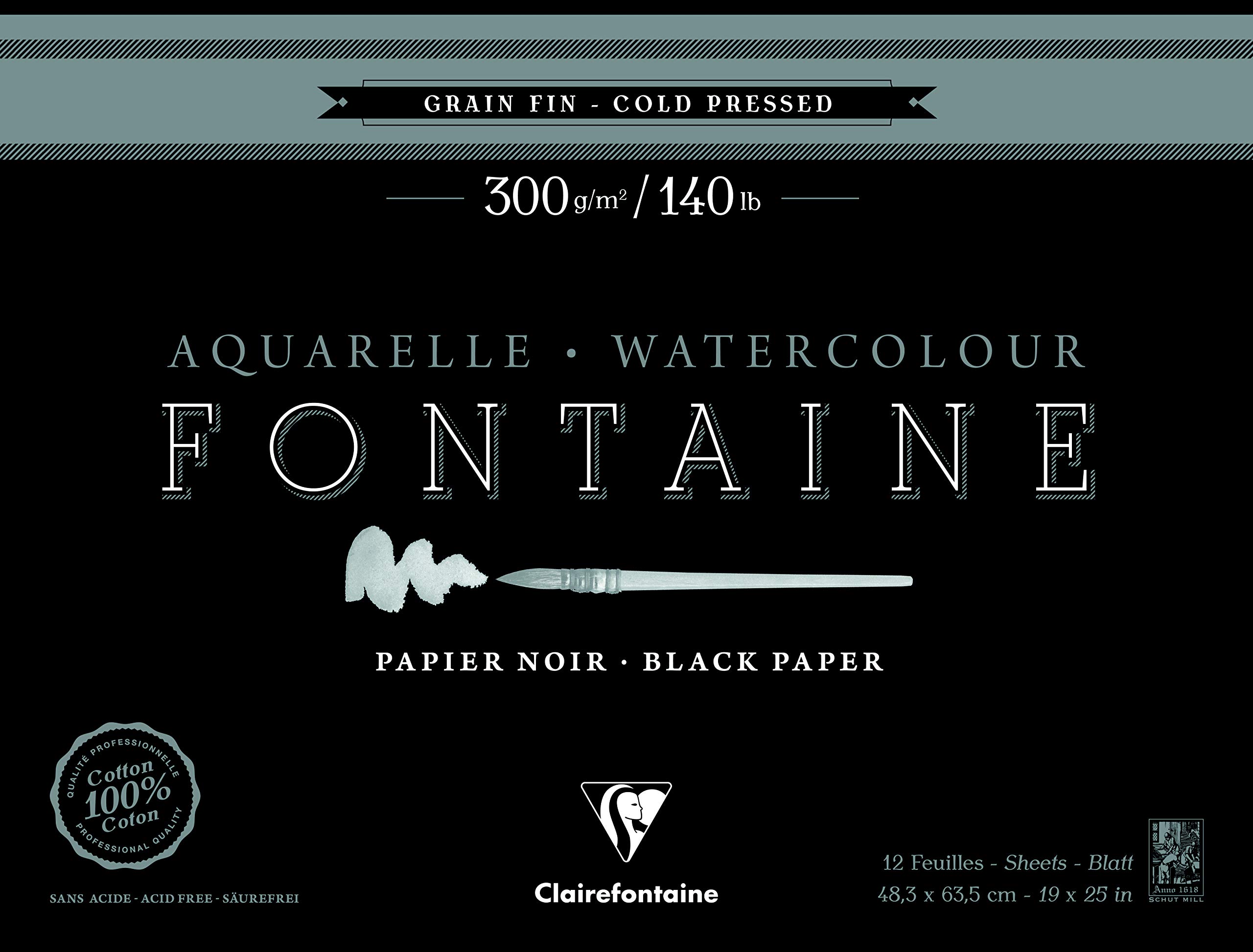 Clairefontaine - Ref 975309C - Fontaine Cold Pressed Black Watercolour Pad (12 Sheets) - 48.3 x 63.5cm Size, 300gsm Paper - Suitable for Watercolour Artwork