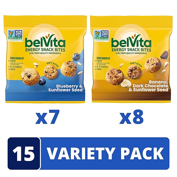 BELVITA ENERGY SNACK BITES VARIETY PACK, BANANA DARK CHOCOLATE & SUNFLOWER SEED, BLUEBERRY & SUNFLOWER SEED, 15 SNACK PACKS