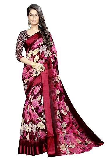 Womens Digital Linen Saree with Unstitched Blouse Piece (DarkLotus)