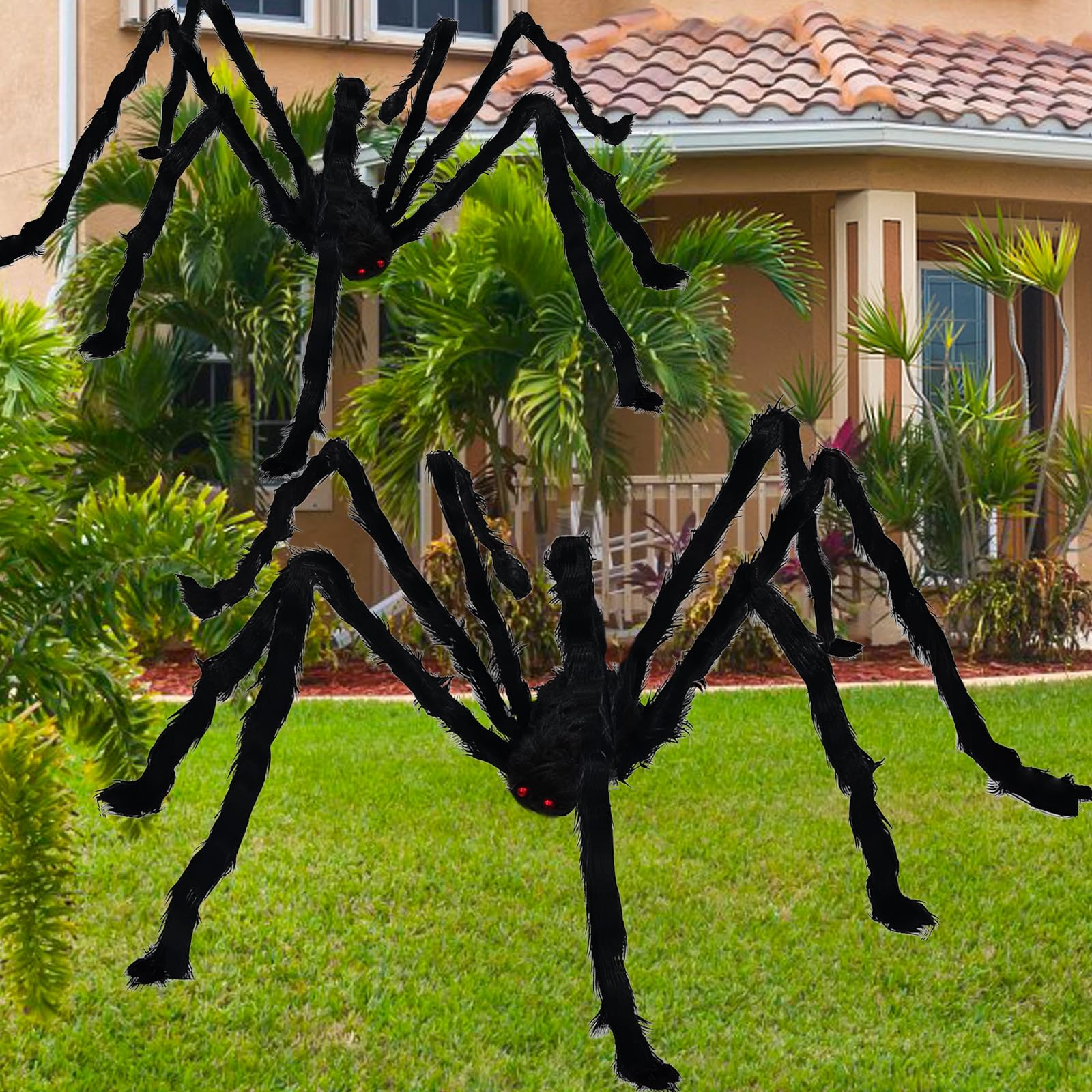 Photo 1 of 2 Pack Big Halloween Hairy Spiders,(79" + 59") Scary Giant Spider Simulation Decoration,Black Giant Fake Spiders,Fake Realistic Decorations for Graveyard,Indoor Simulated Spider Halloween Props
