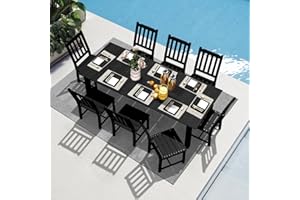 LOUNZY 9 Pieces Patio Dining Sets, Outdoor HDPE Furniture Set for 8 w/ 2" Hole Cut-Out Dining Table with 8 Armless Patio Chairs for Pool, Lawn and Garden,Black