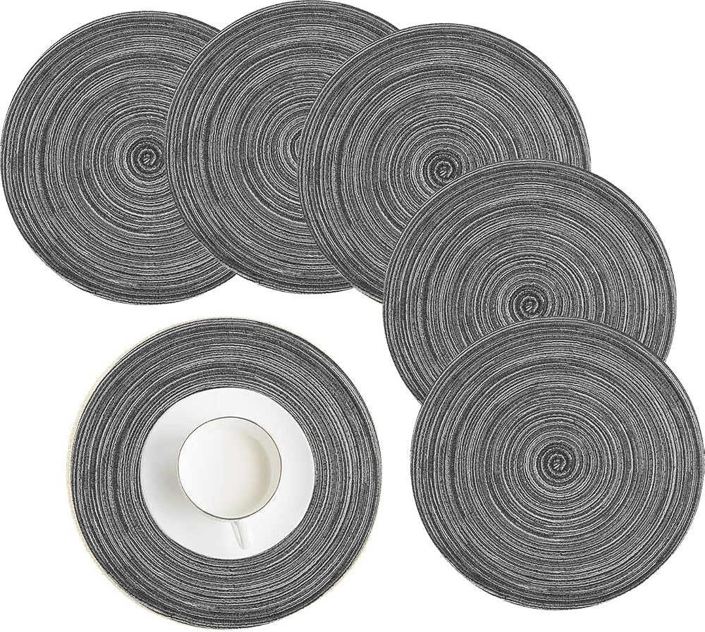 HEYOMART Round Placemats Set of 6 38cm Grey Woven Heat-Resistant Non-Slip