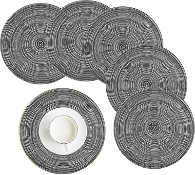 HEYOMART Round Placemats Set of 6 38cm Grey Woven Heat-Resistant Non-Slip