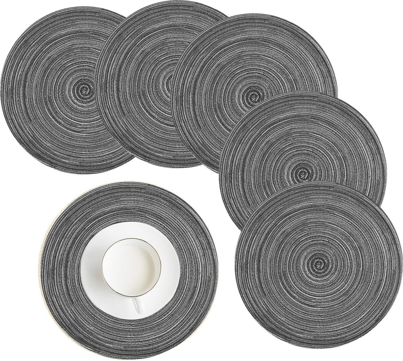HEYOMART Place Mat, Round Woven Placemats Set of 6 Heat-resistant Non-slip Washable Braided Cotton Dinner Table Mats for Dining, Kitchen Table 38cm (Grey)