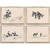 4Pcs Western Cowboy Sketch Poster Wall Art Vintage Neutral Cowboy Painting Picture Wall Decor Rustic Southwest Country Canvas Print Artwork for Farmhouse Gallery Home Decoration Unframed 12x16in
