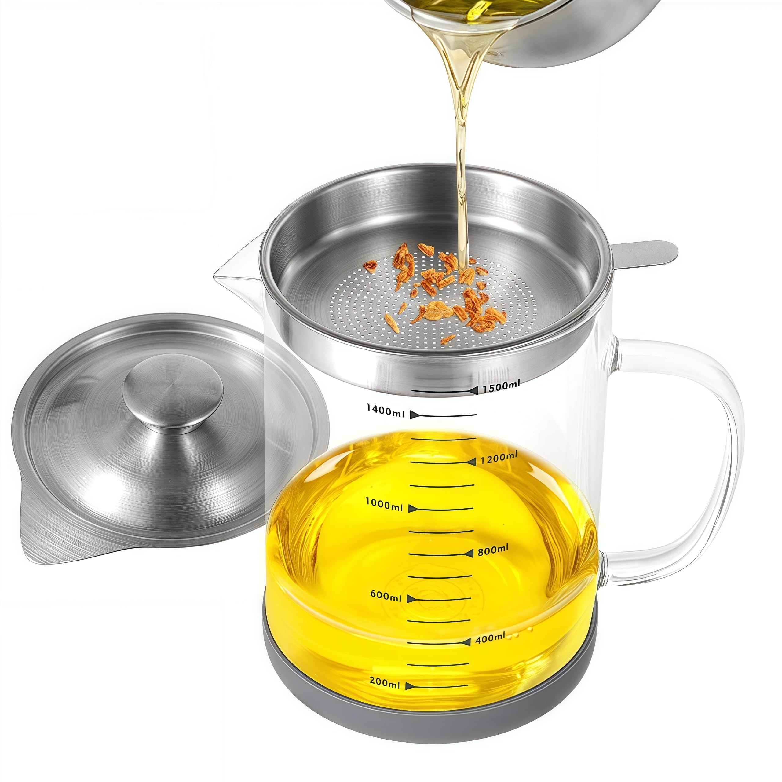 Photo 1 of Premium Bacon Grease Saver with Strainer - Large 1.5L Grease Container for Kitchen with Stainless Steel Filter, Used Oil Storage & Bacon Drippings Keeper (50oz, Borosilicate Glass, Non-Slip Base)
