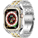 MioHHR Stainless Steel Watch Case with Bands Compatible with Apple Watch Band 49mm(Ultra 3/2/1), Metal Cover Bumper with iWatch Bands for Apple Watch 49mm Ultra 3/2/1, Silver/Gold