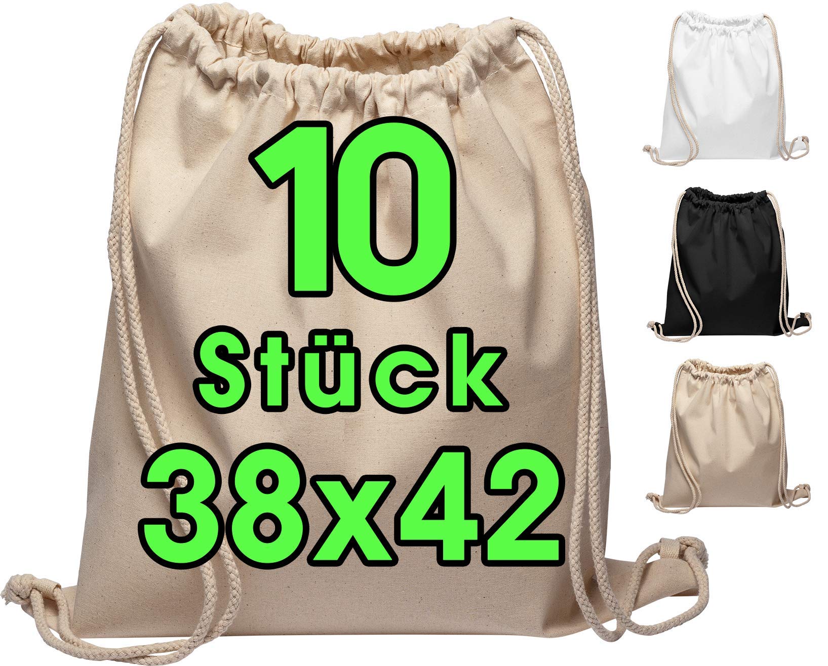 ELES VIDA Pack of 10 Cotton Gym Drawstring Bag 38 x 42 cm natural fabric bag sports bag rucksack bags, cotton bags, Jute Bag Öko-Tex-Certified (natural color)