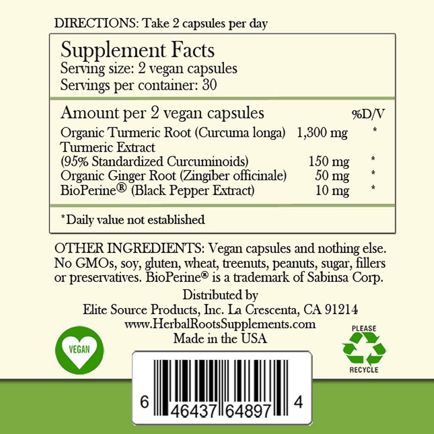 Herbal Roots Turmeric Curcumin Capsules - Extra Strength - 1000mg Pure Organic Turmeric Supplement, 95% Standardized Curcumin Extract with BioPerine Pepper and Ginger - Made in USA: Health & Personal Care