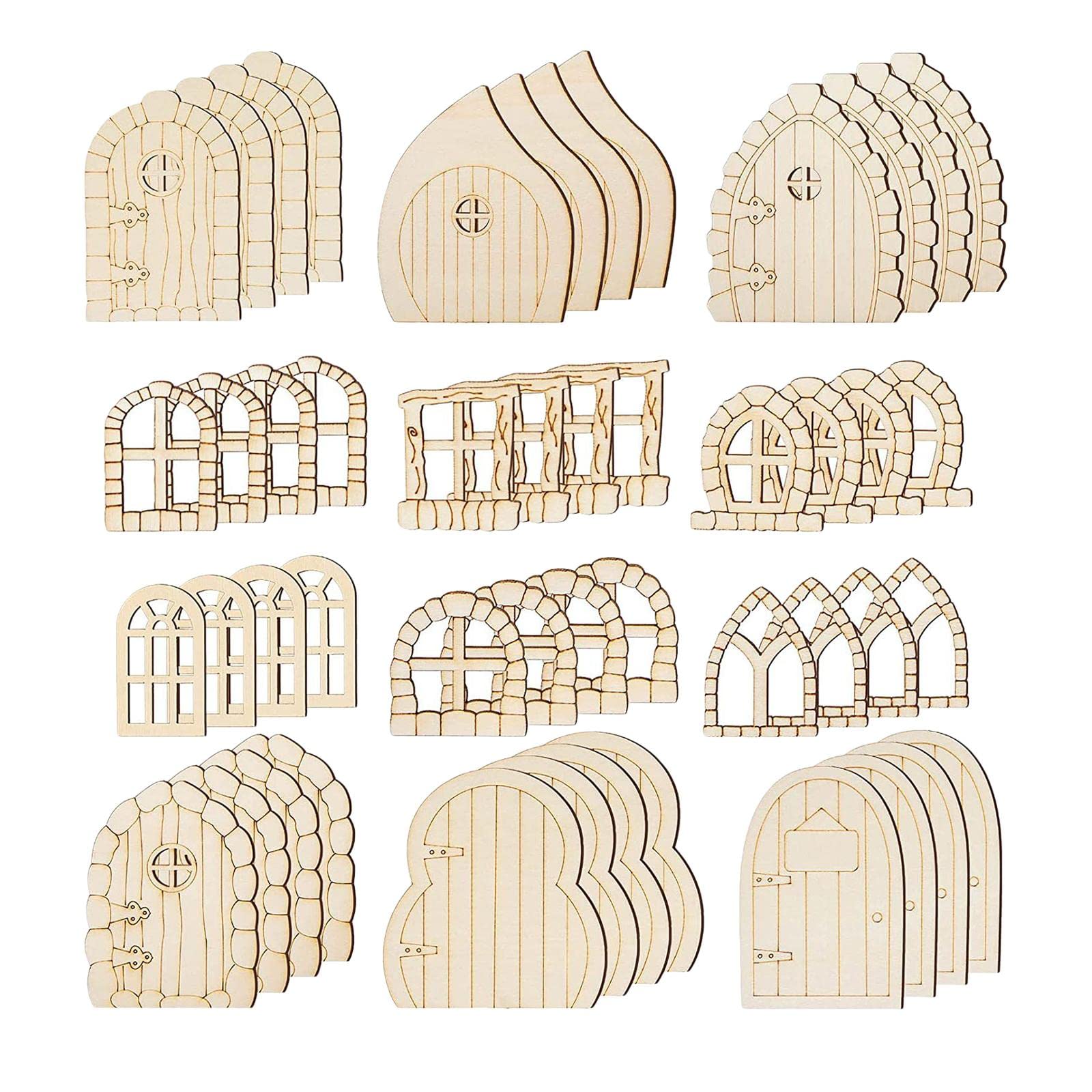 perfk 48 Pcs Unpainted Wooden Fairy Door, Mini Blank Garden Door Window Wooden Pieces Wood Hollow Out Wood Door Window for Miniature crafts, Retro