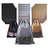 12 PCs Shoe Bags for Travel, Packing, Storage, Organizing & Suitcase. Reusable Dustproof & Water Resistant Sneakers Pouch Protectors with Clear Window & Drawstring. Laundry & Toys (Sand, Gray & Black)