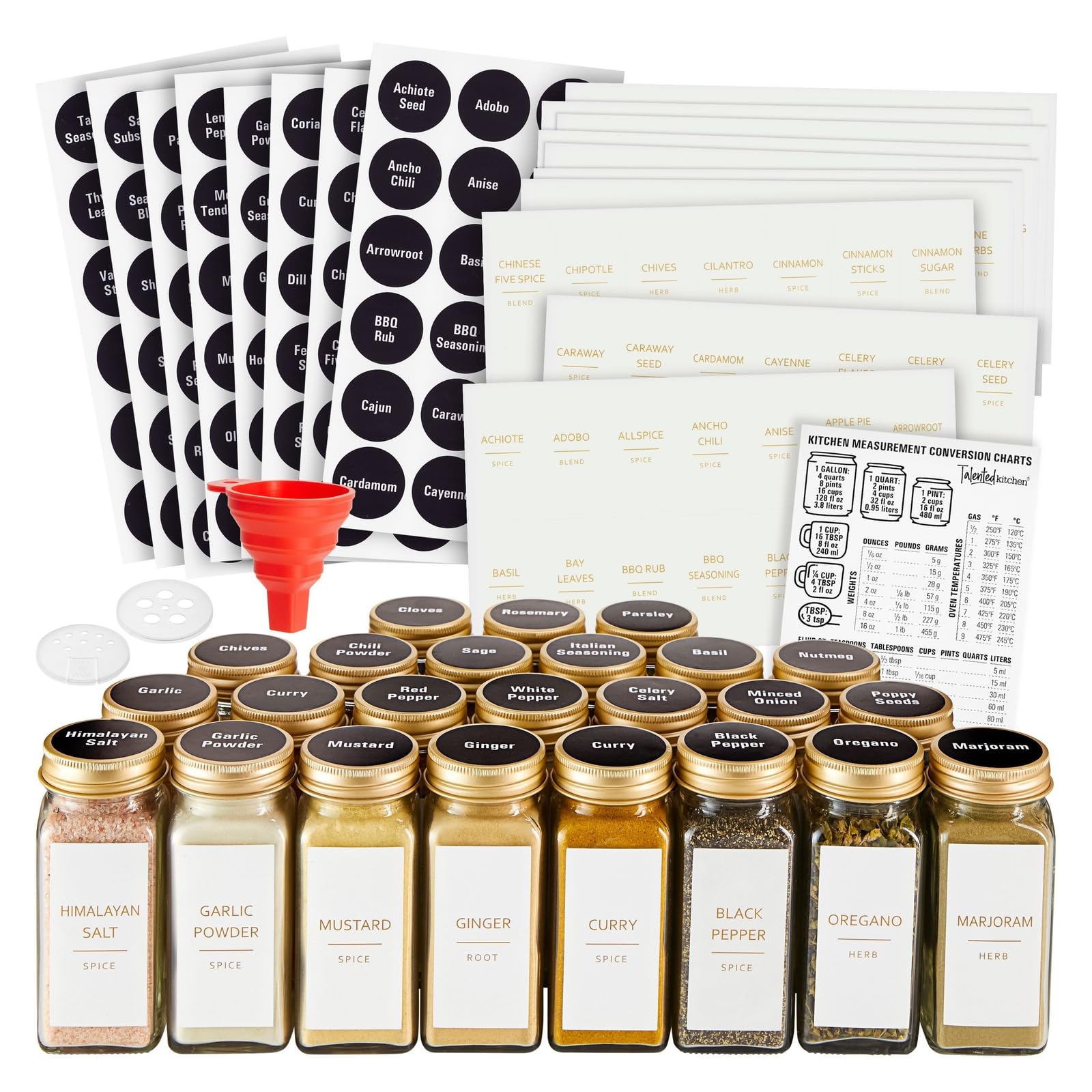Photo 1 of Talented Kitchen 24 Pack Glass Spice Jars with 284 Preprinted Label Stickers in 2 Styles - 4 Oz Glass Seasoning Jars Gold Lid and Shaker Lids