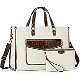 Missnine Tote Bag Canvas Laptop Bag for Women 15.6 inch Casual Work Bags with Clutch Purse Computer 2 PCS Set (Croc-embossed Coffee)