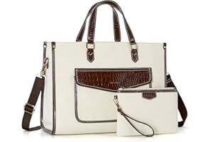 Missnine Tote Bag Canvas Laptop Bag for Women 15.6 inch Casual Work Bags with Clutch Purse Computer Shoulder Bag 2 PCS Set (Croc-embossed Coffee)