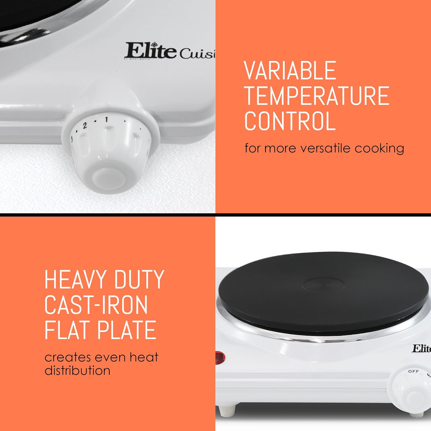 Maxi-Matic Elite Cuisine Countertop Electric Hot Burner, Temperature Controls, Power Indicator Lights, Easy to Clean, Single, White: Electric Countertop Burners: Kitchen & Dining