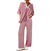 Tankaneo Womens Sweater Set Striped 2 Piece Outfits Oversized 3/4 Sleeve V Neck Knit Tops Wide Leg Pants Fall Lounge Sets