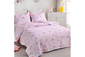 CIMVI Pink Girls Rainbow Quilt Set Full Size Kids Bedding Sets Lightweight Summer Bedspread Soft Microfiber Breathable Bed Comforter All-Season