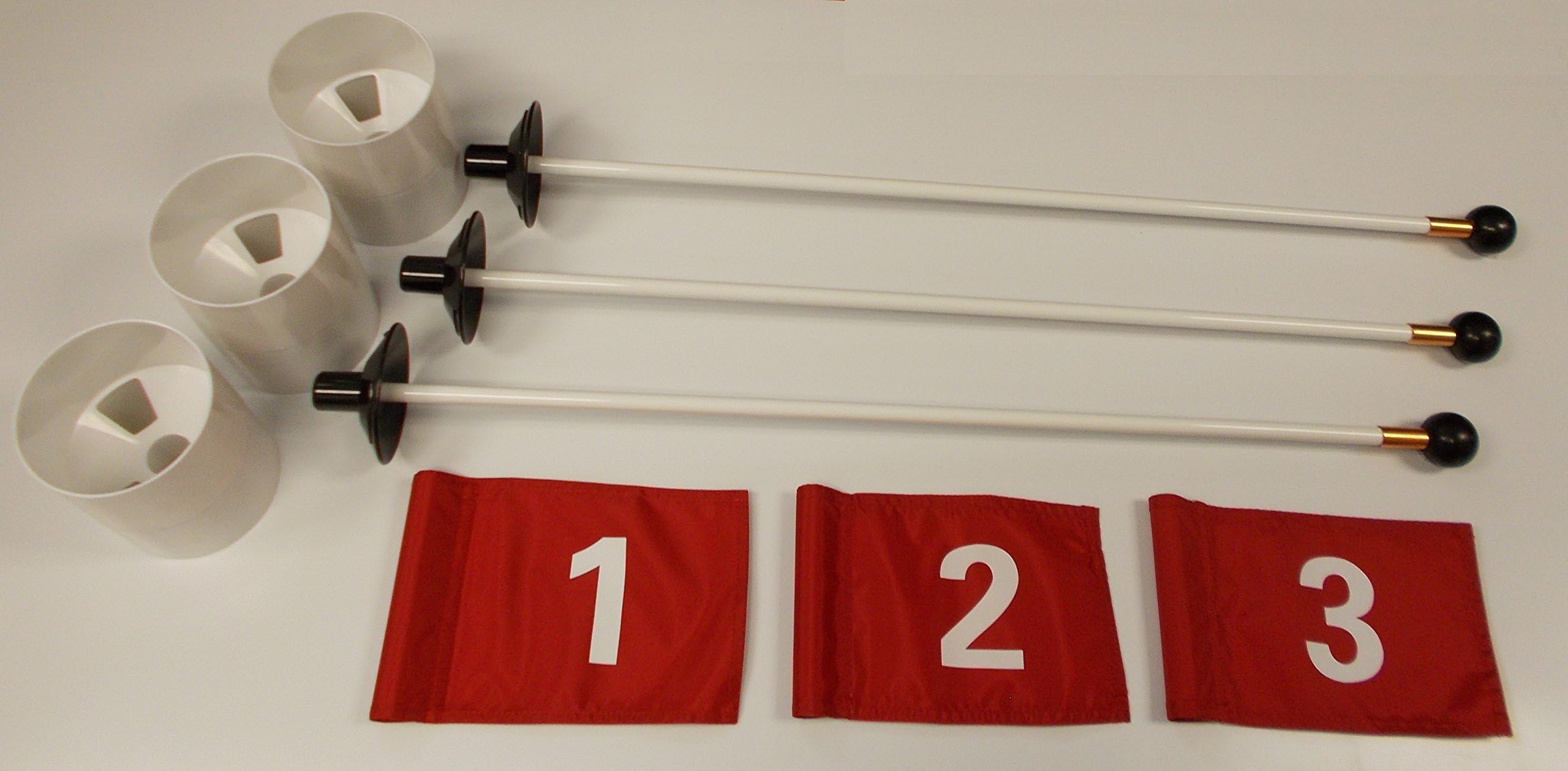 Golf Practice Putting Green - Deluxe Accessory Kit - (3)White Plastic 6" Deep Regulation Cup + (1)Red Jr Flag with a White #1, (1)#2, (1)#3 + (3)30" White Fiberglass Pin Markers with Ball Lifter Disk