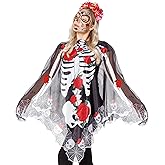 POEWAUVE Women Halloween Skeleton Poncho Skeleton Day of The Dead Costumes Cape 60 by 60-Inch (No Headband)