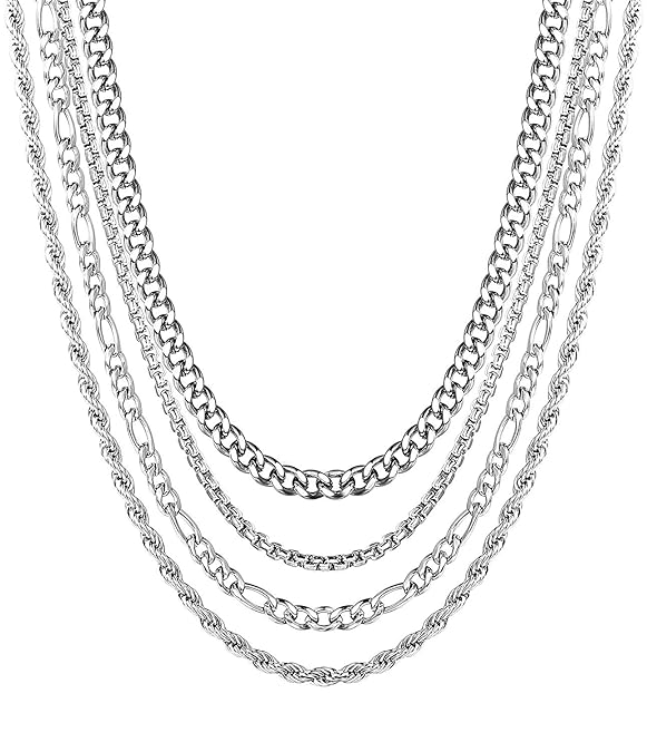 BE STEEL 4 Stück Edelstahl Halsketten Set für Herren Damen Kette Kandare Rolo Figaro Seil Halskette, Breite 2-3,5 MM Länge 41