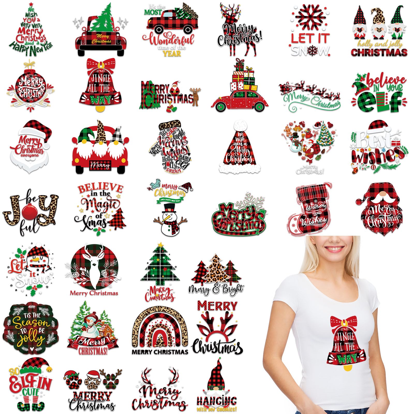 Photo 1 of 36 Sheets Christmas Iron on Transfers for T-Shirt Christmas Vinyl Iron on Patch Santa Claus Heat Transfer Vinyl Sticker Christmas HTV Iron on Transfer Fabric DIY Craft Supplies (elk, Tree, Snowman)