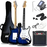 Ermik Solid Body Electric Guitar Kit with Amp 20W, Strings, Strap, Digital Tuner, Picks, Gig Bag, Cable, Tremolo Bar, 39" Full Size Guitar HSS Pickups Guitarra Electrica Beginner Gift - Blue
