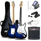 Ermik Soild Body Electric Guitar Kit with Amp 20W, Strings, Strap, Digital Tuner, Picks, Gig Bag, Cable, Tremolo Bar, 39" Full Size Guitar HSS Pickups Guitarra Electrica Beginner Gift - Blue