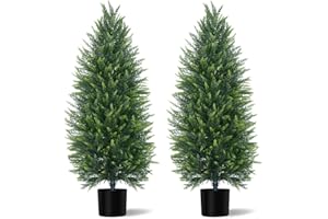 Grooy 4FT Artificial Cedar Topiary Tree with Pot, Set of 2 Fake Evergreen Tree for Indoor Home Christmas Decor Outdoor Garden Porch Decor