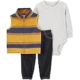 Carter's Baby Boys' 3 Piece Plaid Patch Little Vest Set (Multi/yellow stripe, 24 Months)