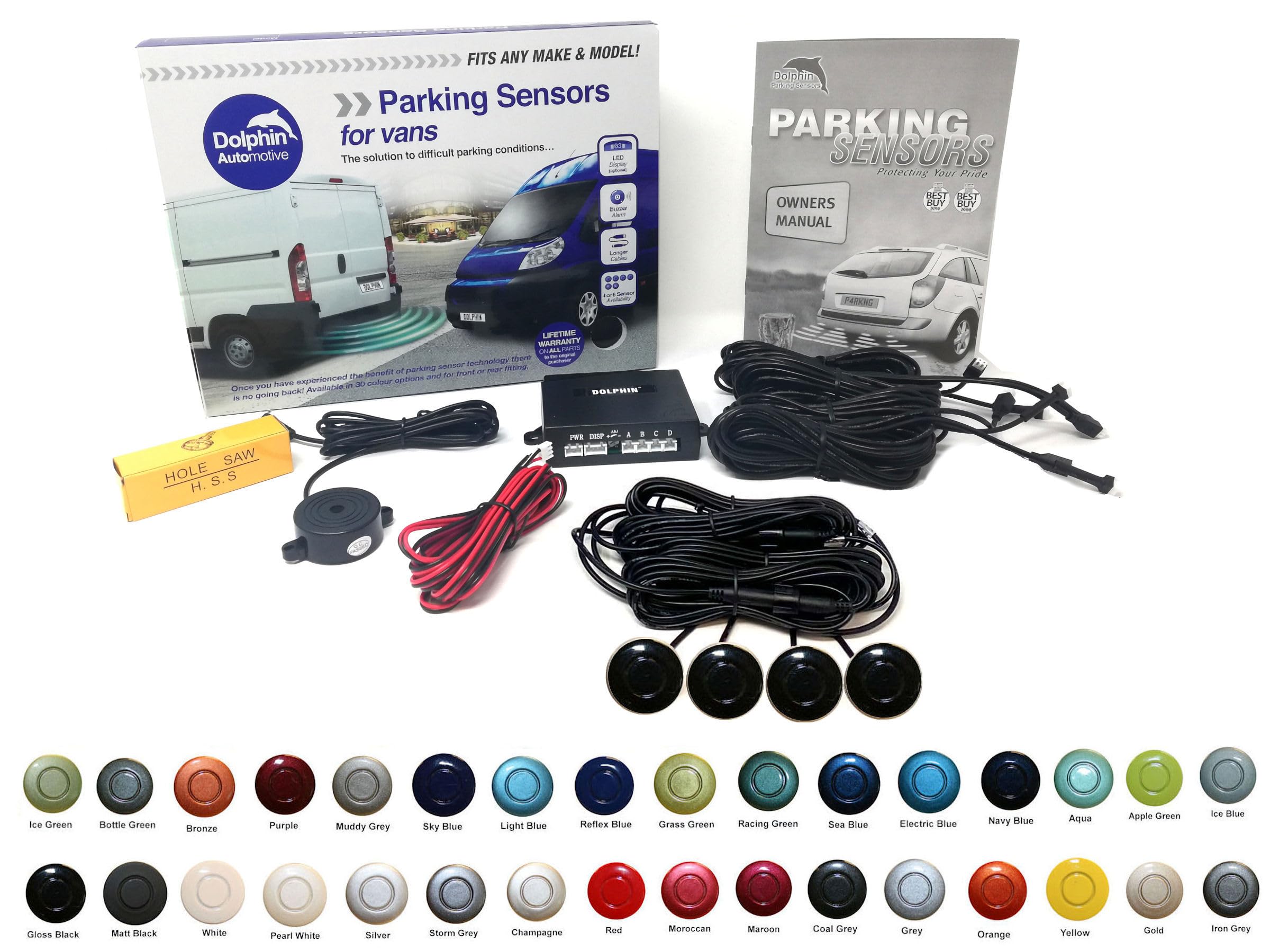 Dolphin Automotive VPS400 Rear Van Reverse Parking Sensor Rear Kit, 4 Sensors with Extensions and Audio Alerts (Gloss Black)