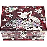 MADDesign Mother of Pearl Lacquered Jewelry Box Two Level Cranes (Red)