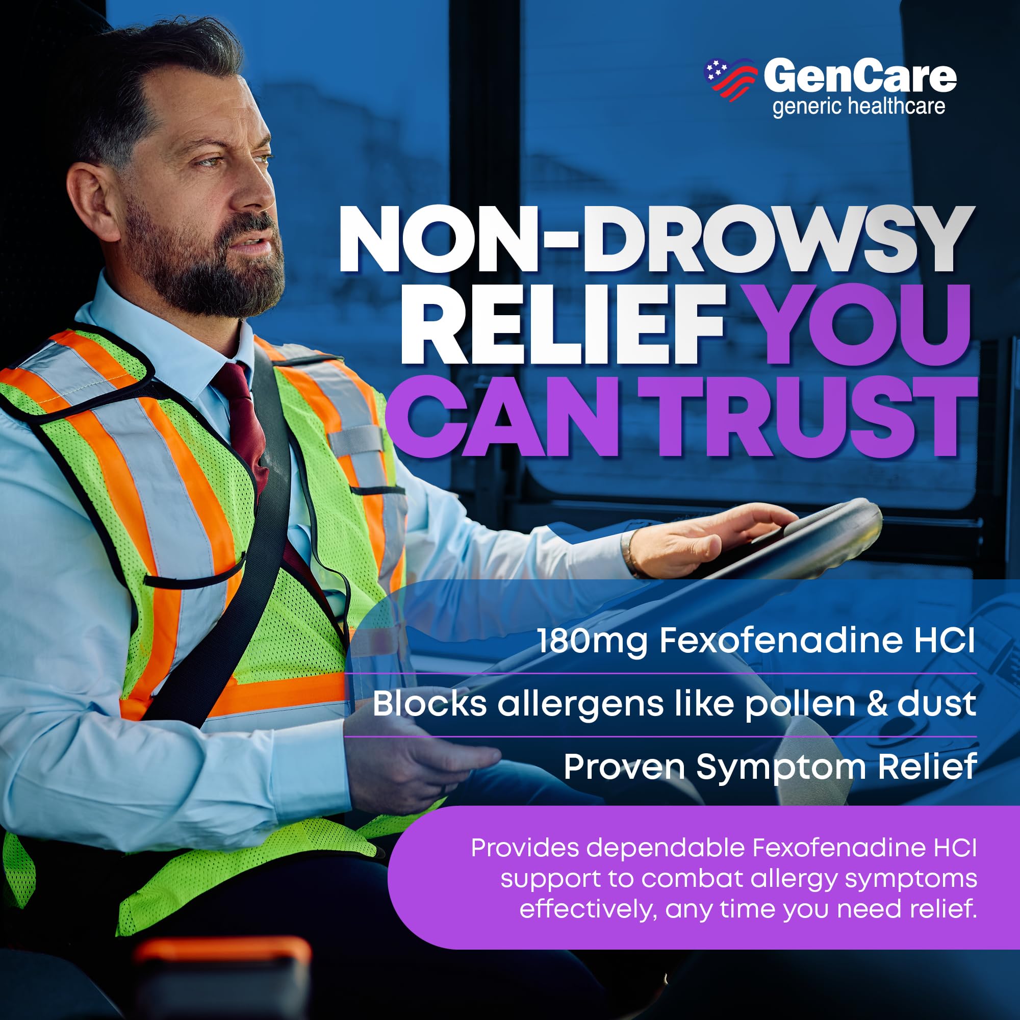 GenCare - Allergy Relief Pills | Fexofenadine HCl 180mg 50 Tablets | Non Drowsy Antihistamine Allergy Pills for Hay Fever, Seasonal Allergies, Outdoor & Indoor Allergies | Relieves Itchy Eyes & Nose