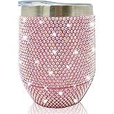 XMYAINA 12 oz Bling Wine Tumbler with Lid Rhinestone Insulated Wine Glass Tumbler Double-Wall Vacuum Stainless Steel Coffee Mug Sparkly Travel Cup for Beer Champaign Cocktail (Light Pink)